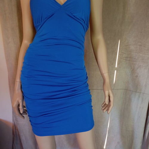 Fitted dress one size with strass crisscross back cord, new, blue