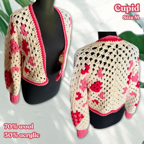 Handmade cropped cardigan "Cupid" made to order, size M, white pink