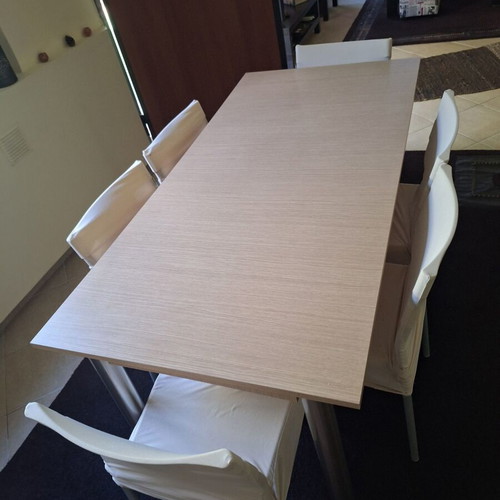 Furniture set with two single beds, mattresses, two nightstands, dresser and extendable kitchen table with 6 chairs