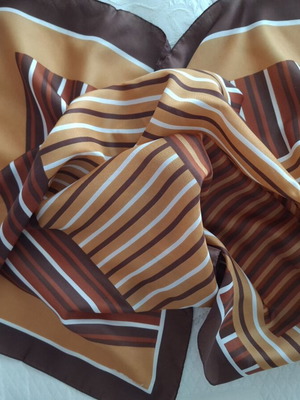 Square scarf with geometric striped pattern, like new, brown and orange