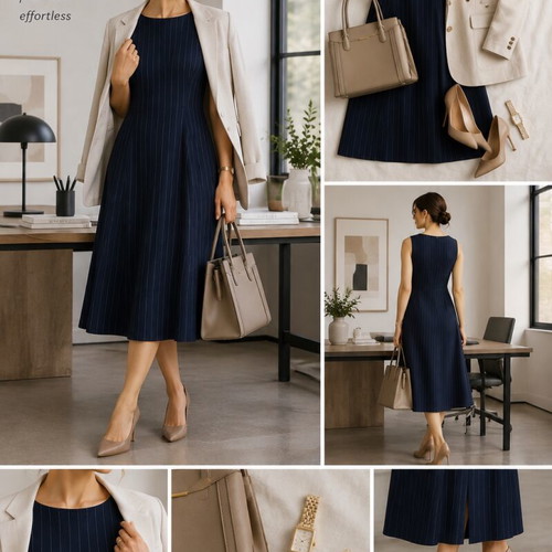 Classic dark blue linen dress with stripes FIDÈLE