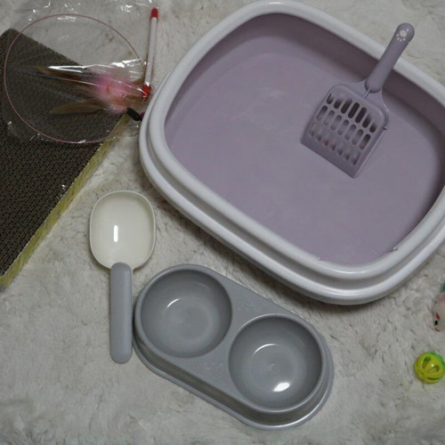 Cat kit new with litter box, bowl, toys and scratcher