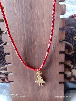 Handmade short necklace with twisted red cord and gold girl pendant