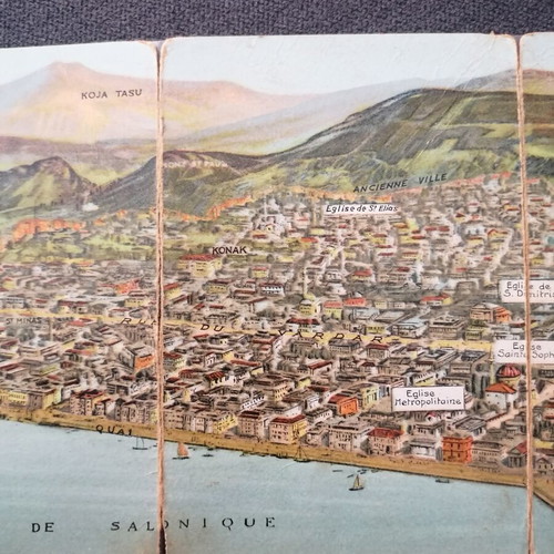 Thessaloniki panorama postcard used, 4-panel, 1919
