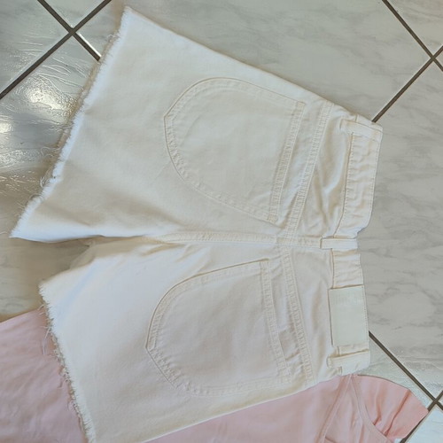 Zara pink bodysuit and white denim shorts set