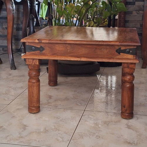 Coffee table 60 x 60 cm solid wood rustic ethnic style with metal details