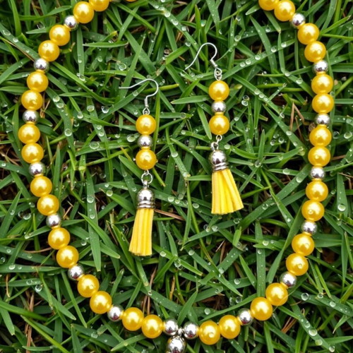 Handmade yellow beaded summer necklace and earrings set new
