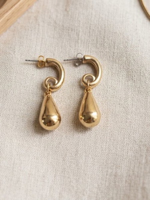 Teardrop gold earrings used with spiral hook design