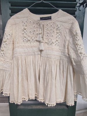 Zara pom pom jacket used boho chic ethnic cottagecore beige small