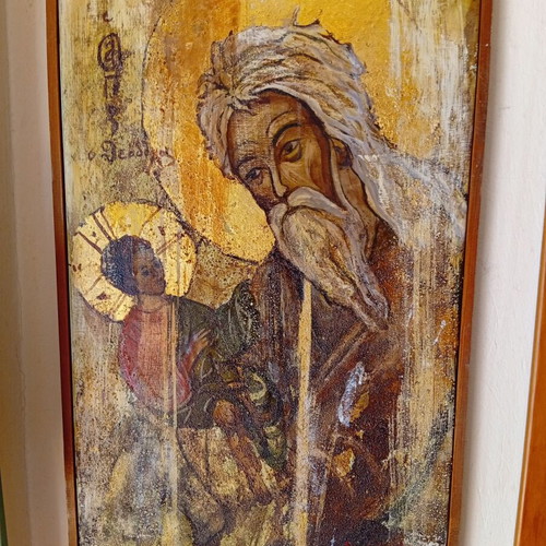 Icon of Symeon the Righteous and St. Theodore used, painted on canvas with gold leaf and sand
