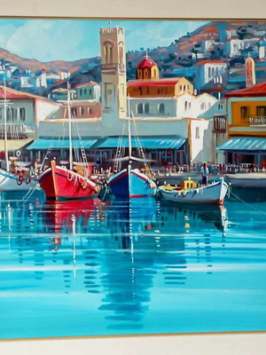 Oil painting Nikos Krideras Hydra used with large frame