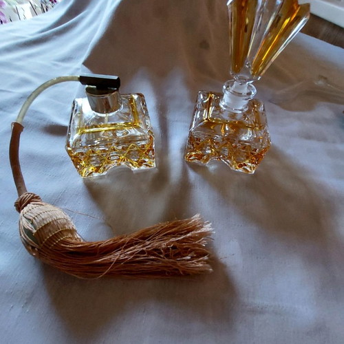 Crystal toilet set used, 2 bottles with yellow double crystal