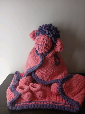 Handmade baby blanket set with booties and lamb, new