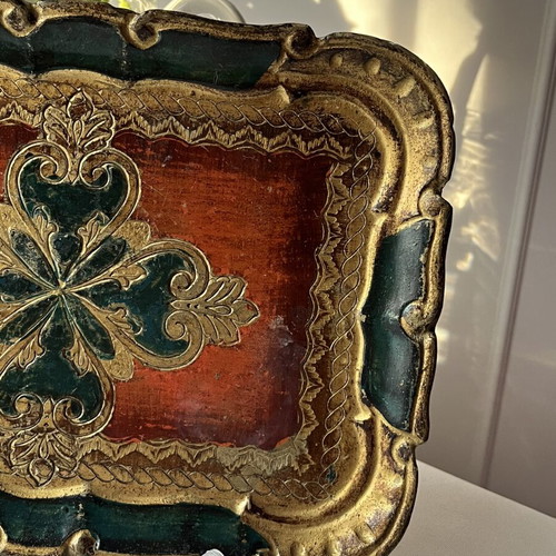 Vintage Italian Florentine wooden tray 25x18 cm used