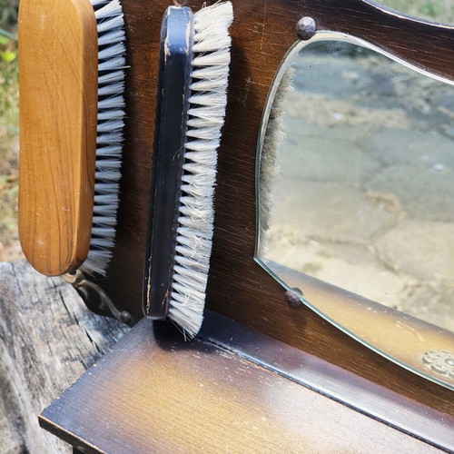 Antique wooden wall organizer for hallway used, with mirror and brushes