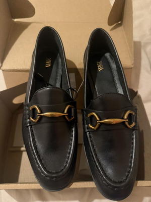 Zara black leather loafers with gold hardware, size EU 37