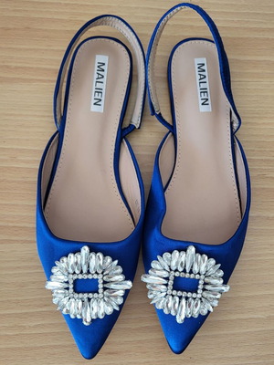 Flat mules satin blue royale slingback with crystal buckle like new, size 39