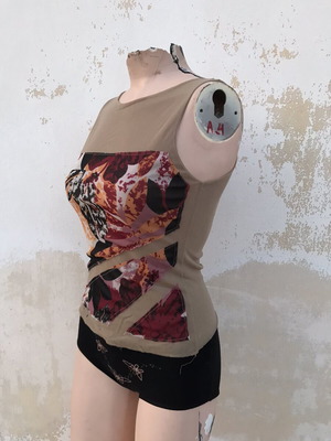 Beige short top used with sewn panels, size S