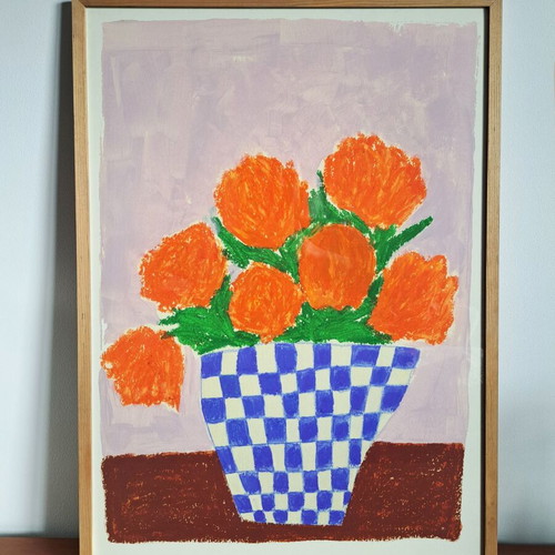 Minimal Art Print Orange Florals in wooden frame new