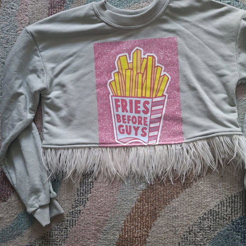 Crop sweatshirt grey with fries design and feathers new