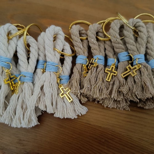 Handmade martyrika keychains with blue cord and metal cross, pack of 50