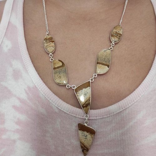 Silver-plated necklace with Jasper stone new, beige and brown