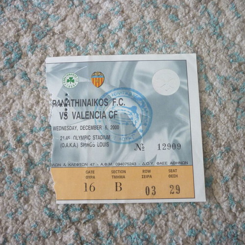 Panathinaikos-Valencia UEFA Champions League Ticket 6/12/2000 used