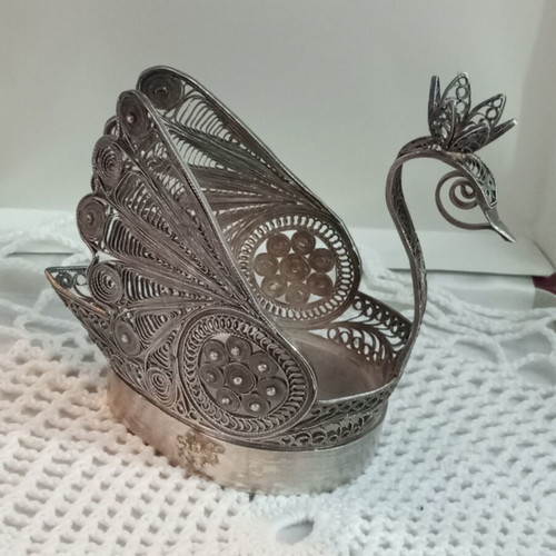 Silver filigree peacock set used, Russian antique, 3 pieces