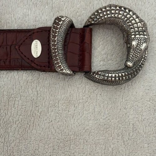 1996 Omega Sterling brown leather belt 95cm, western style, alligator print buckle