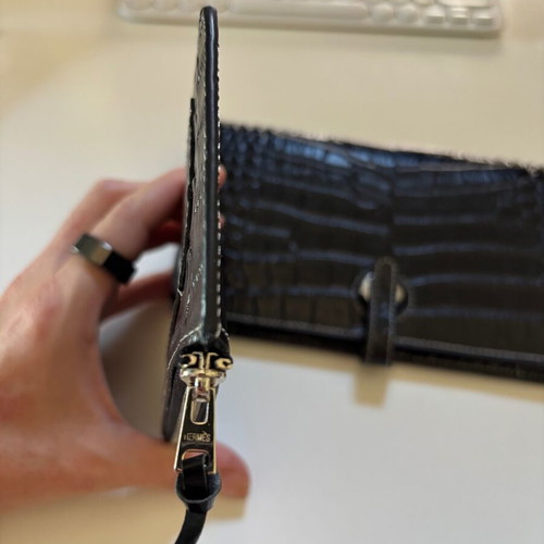 Large black leather Dogon-style wallet with strap and croco texture