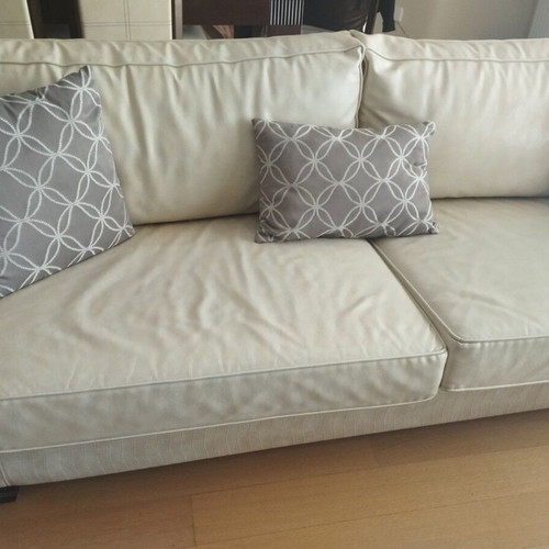 Sofa set used, beige three-seater and two-seater with faux leather