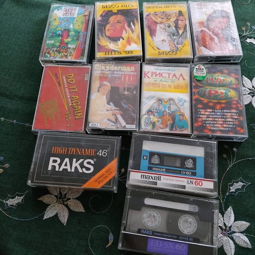 Audio cassette tapes used, set of 11 with pop-folk and disco