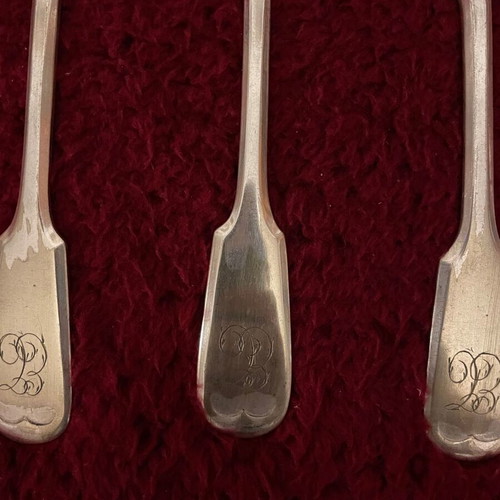 J.FRAGET VARSOVIE Vintage cutlery set used 19th century with 11 knives, 11 forks, 6 spoons