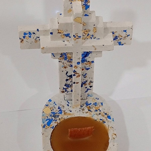 Handmade porcelain cross candle holder with pure beeswax and decorative leaves