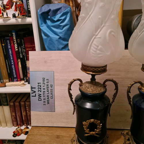 French table lamps pair used, porcelain and brass dark blue