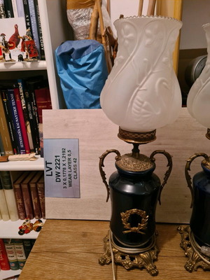 French table lamps pair used, porcelain and brass dark blue