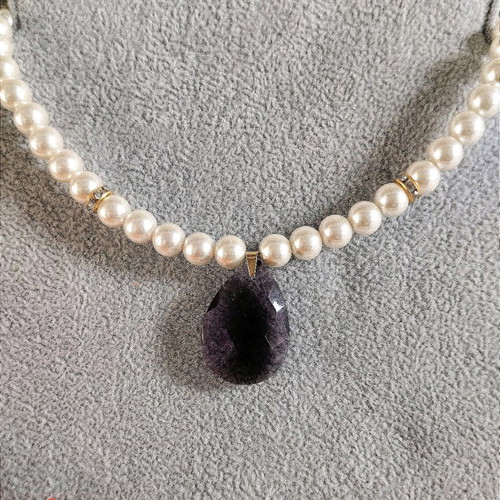 Handmade necklace with pearls and large amethyst crystal new