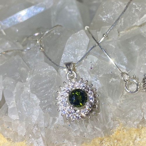 Silver pendant with natural intense green tourmaline and moissanite, new