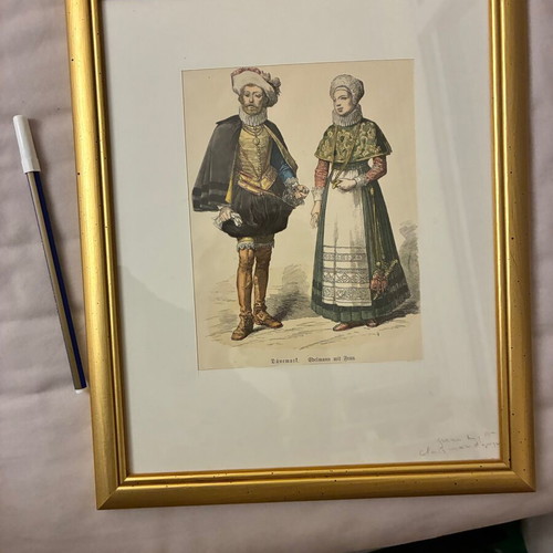 German engraving with traditional costumes framed, like new