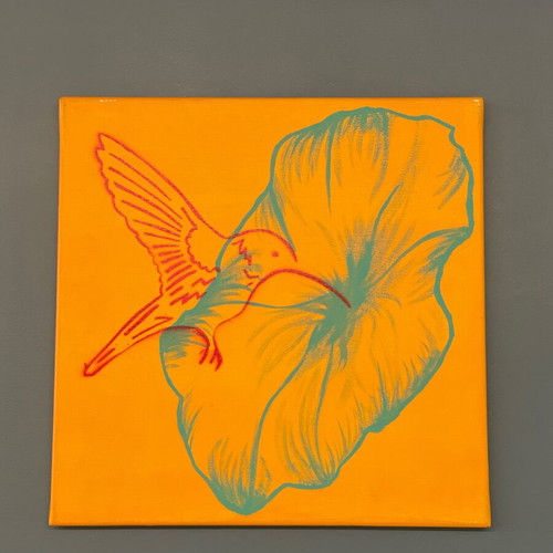 Acrylic painting on canvas Hummingbird and flower new 40x40 cm