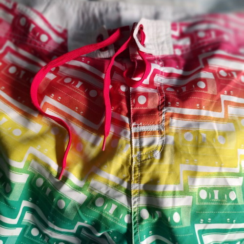 Men's Rainbow Swim Shorts with Retro Cassette Tape Pattern