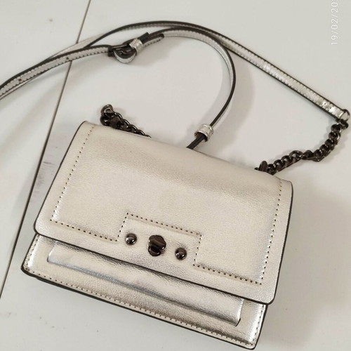 Silver metallic structured shoulder bag with chain and leather detail new