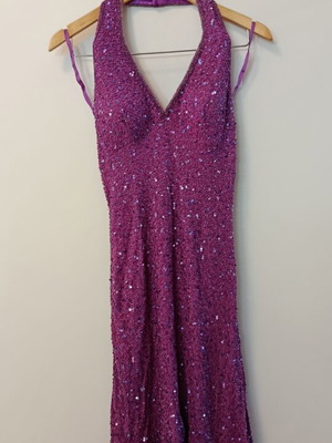 Evening dress used purple sequin halter V-neck