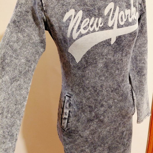 Denim dress with New York print, acid wash style, Miss Azur
