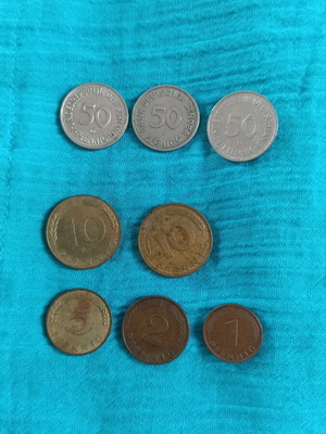 Pfennig coins used, pack of 8, Germany