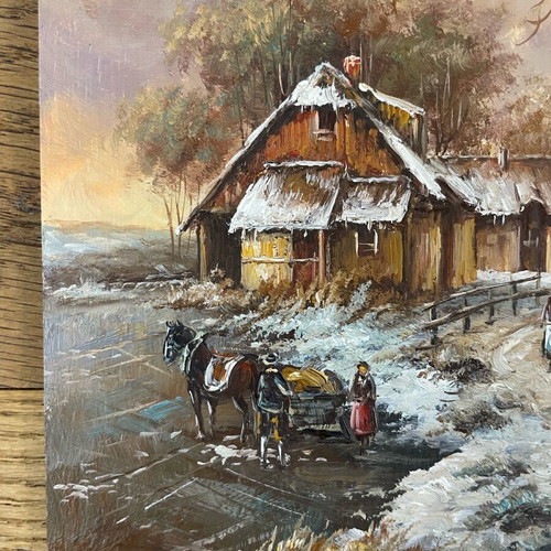Oil painting on wood winter landscape by Abatucci