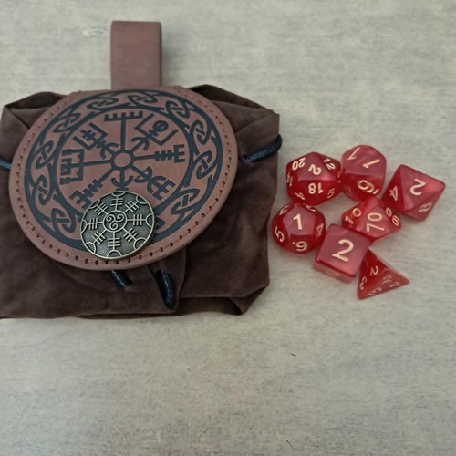 Runic leather dice bag with red marbled D&D dice set