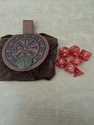 Runic leather dice bag with red marbled D&D dice set