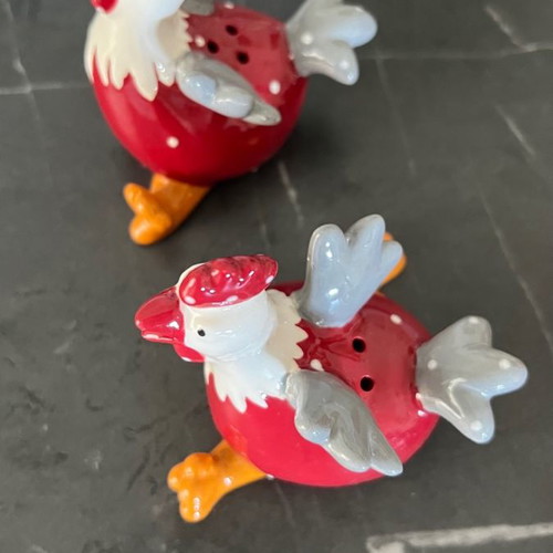 Ceramic Easter butter dish and salt pepper set new with red and white hens