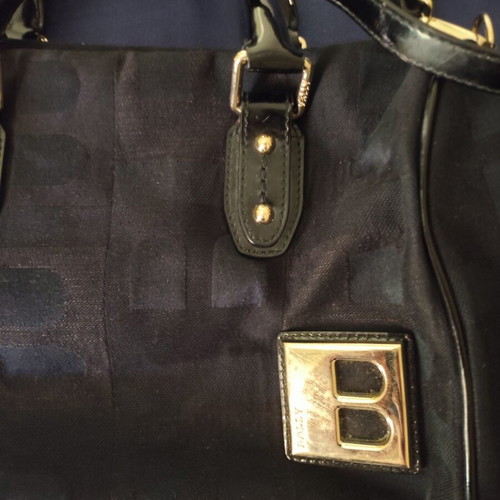Bally Boston Bag in Black Cotton with Patent Leather Trim Like New